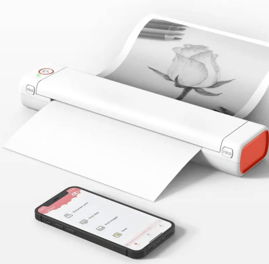 Portable A4 Thermal Printer printing a beautiful rose design with smartphone app for easy control.