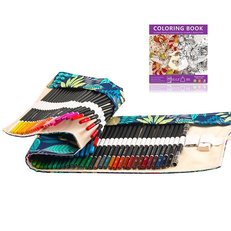 72 Color Lead Pencil set displayed with a vibrant colorful pencil case and coloring book in the background.