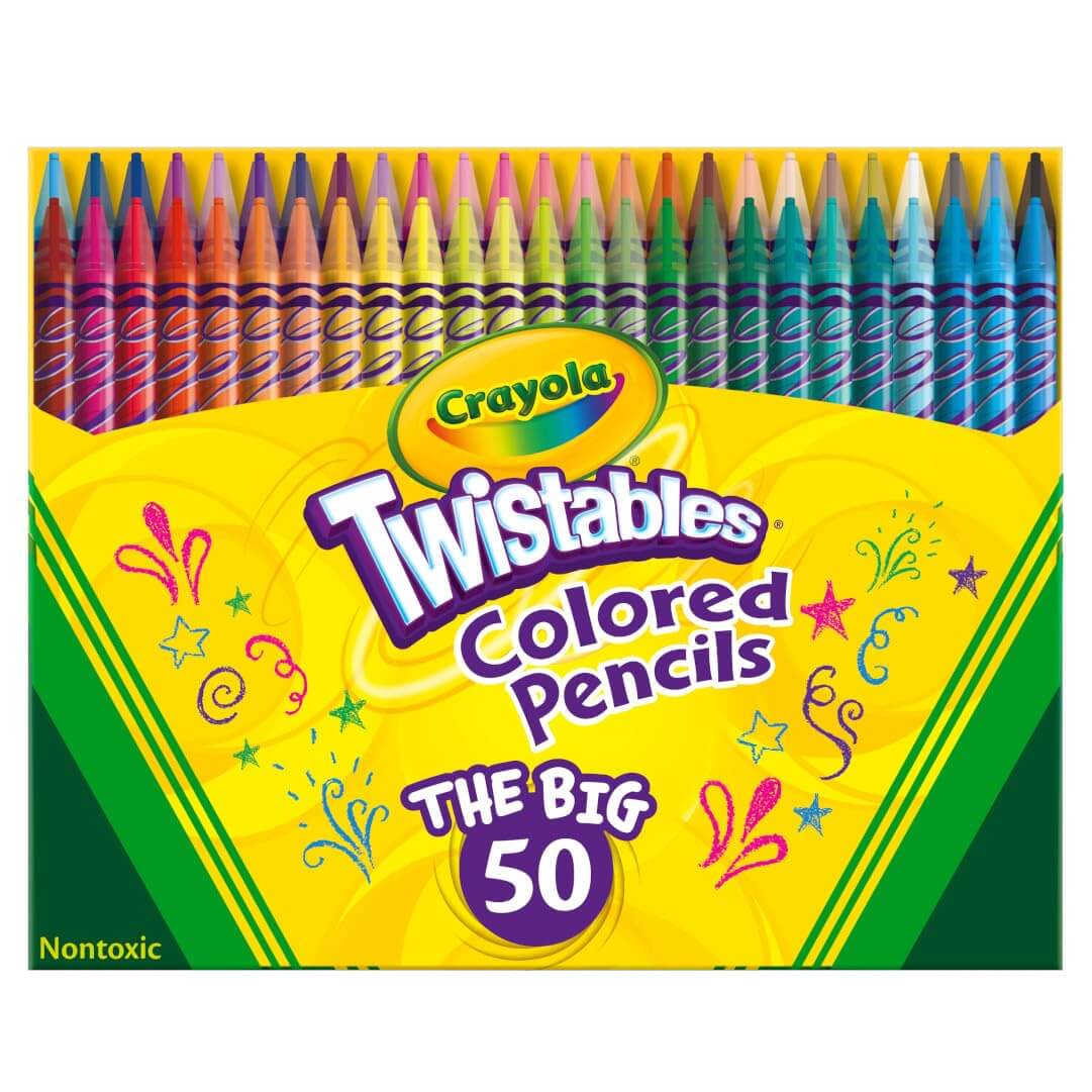 Crayola twistables colored pencils 50ct set in colorful packaging for creative kids and holiday gift.