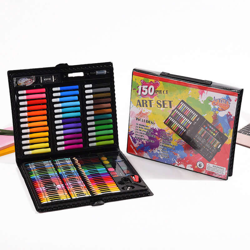 Korean watercolor pen set for kids displayed in a vibrant 150 piece art set box, showcasing colorful markers and tools.