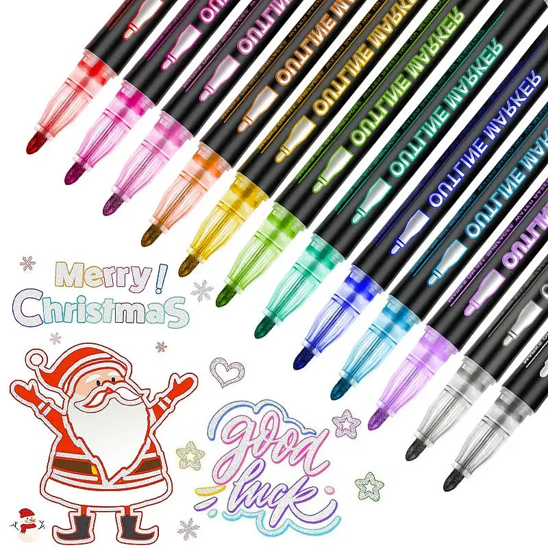 Double Line Outline Pen 24 Color Suit Dream Color Mark Fluorescent Marker set with vibrant colors and festive designs.