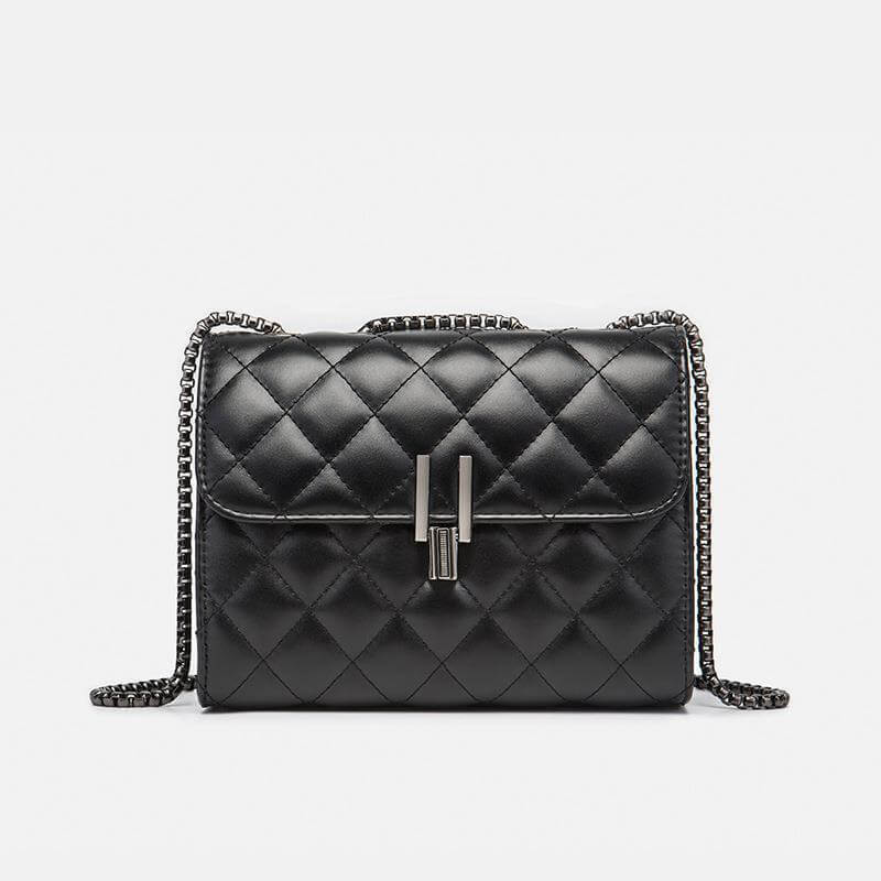 Trendy women's messenger handbag in black quilted design with chain strap, perfect for stylish outings.