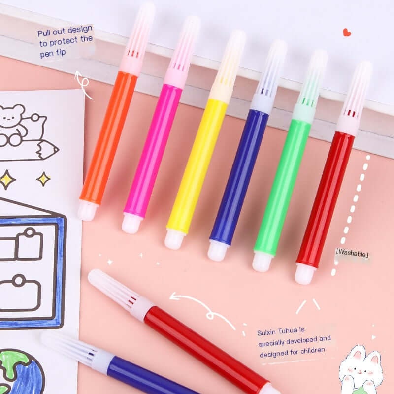 Creative Mini 6-Color Washable Art Markers for Kids displayed in vibrant colors on a pastel background.
