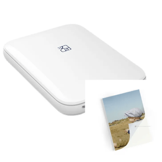 Wireless Color Photo Printer and a printed photo of a child in a hat on a landscape.