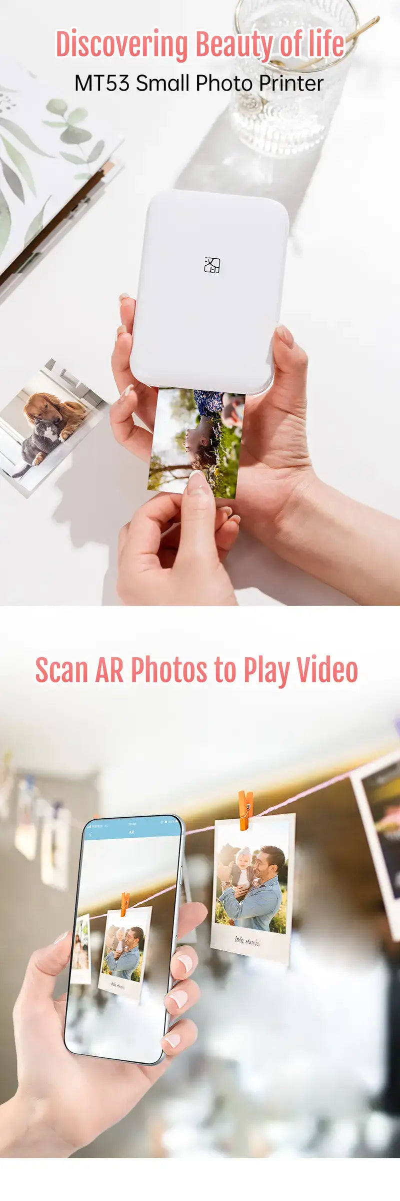 HPRT MT53 HD Wireless Pocket Photo Printer for iOS/Android in use, printing and scanning AR photos.