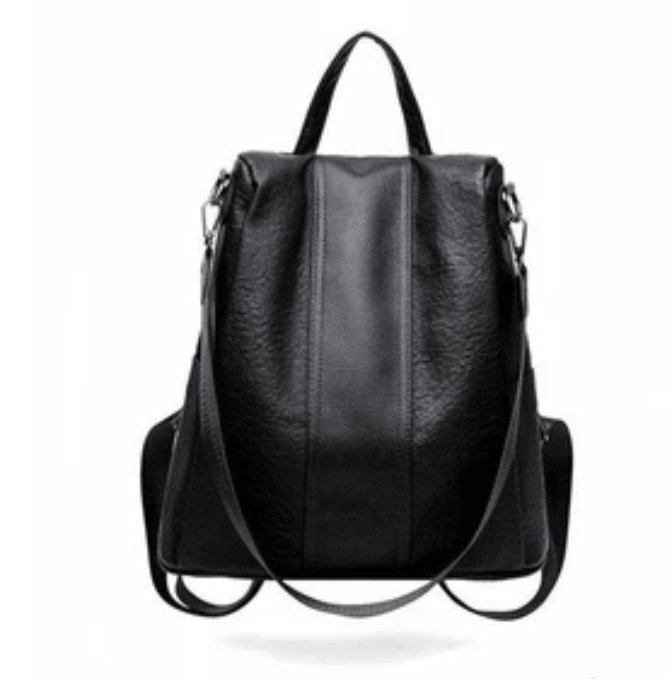 Anti-Theft Women's Backpack, Shoulder Bag in stylish black leather design with adjustable straps.