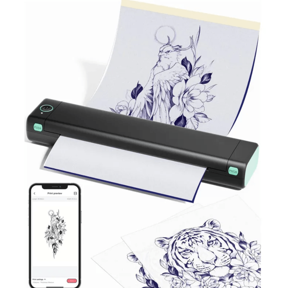 Portable A4 Thermal Printer demonstrating print preview with smartphone and printed art images.
