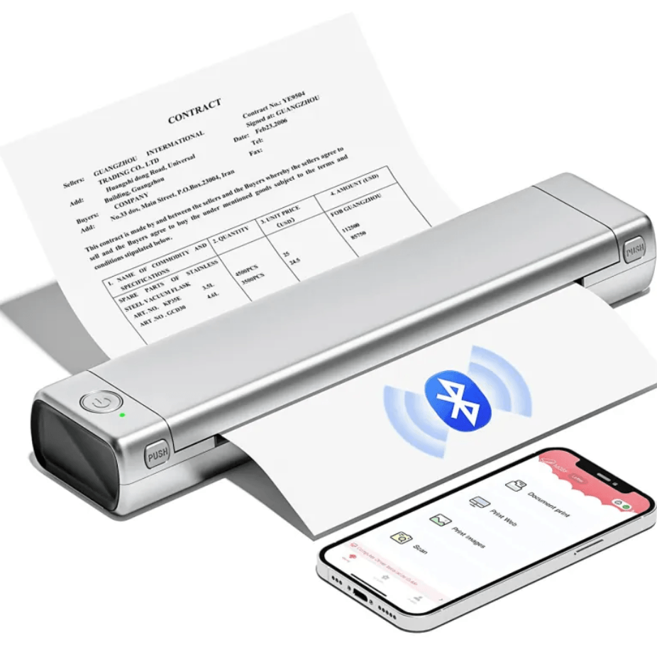 Portable A4 Thermal Printer printing a document with a smartphone nearby for easy operation.