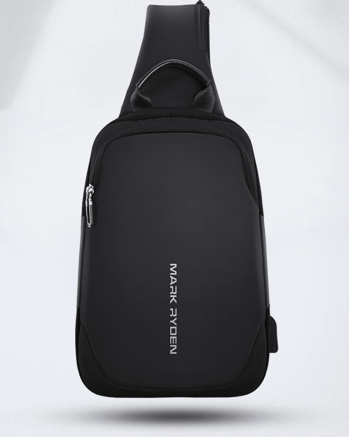 Business Chest Bag, Crossbody Bag, Shoulder Bag in sleek black design with zippered opening.