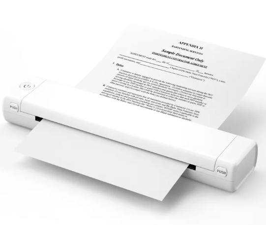 Wireless Thermal Printer printing a document with Bluetooth capability in a portable design.