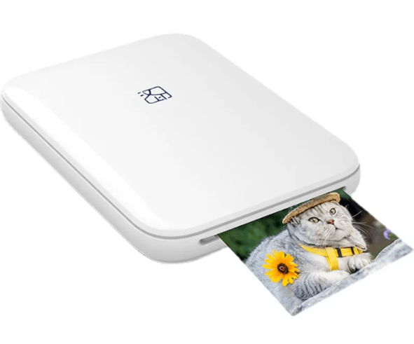 Wireless Color Photo Printer printing a vibrant photo of a cat with a sunflower, showcasing its portability and wireless features.