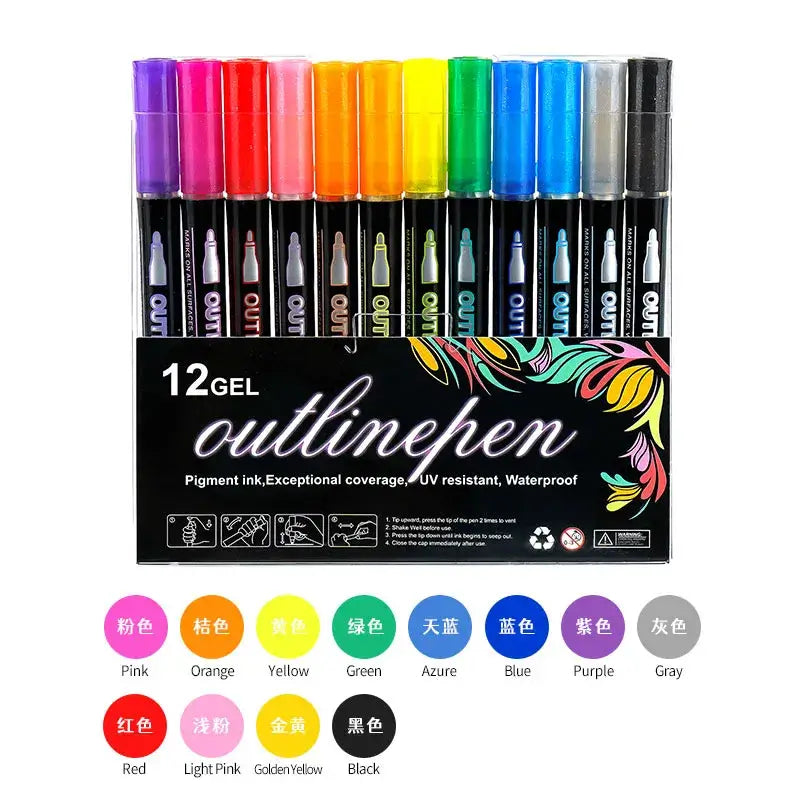12 color gel outline pens set featuring vibrant hues for art and crafts, showcasing fluorescent colors.