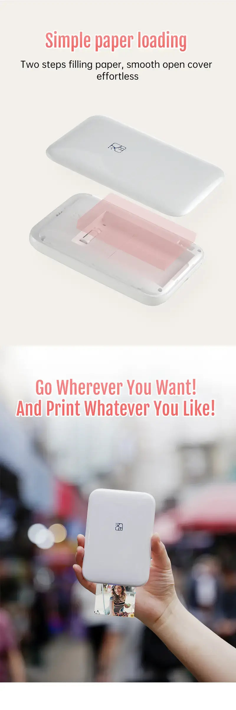 HPRT MT53 HD Wireless Pocket Photo Printer for iOS/Android showcasing simple paper loading and portability.