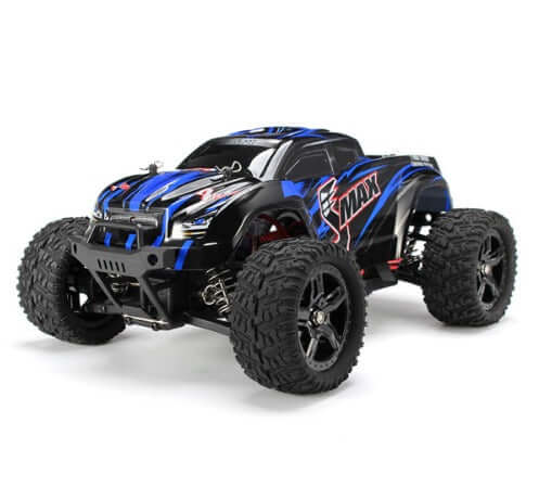 REMO 1631 RC off-road truck featuring a black and blue design with rugged tires for off-road adventures.