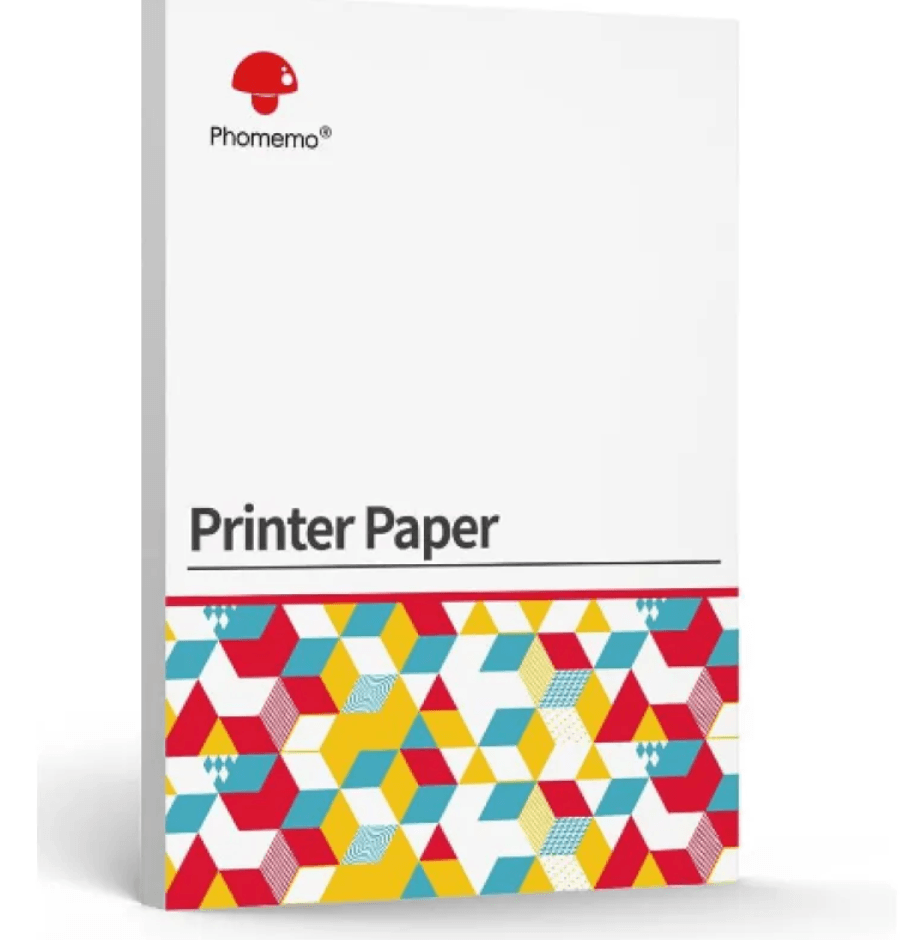 Portable A4 Thermal Printer paper packaging by Phomemo with colorful hexagonal design.