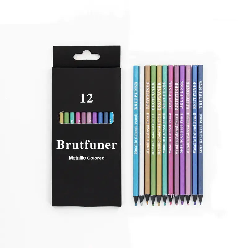 12 Colors Metallic Colored Pencils Art Supplies Set in a sleek black case with vibrant metallic colored pencils.