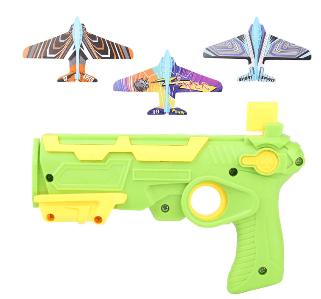 Children's Foam Plane Glider Outdoor Toy Launcher with green toy gun and colorful foam planes.