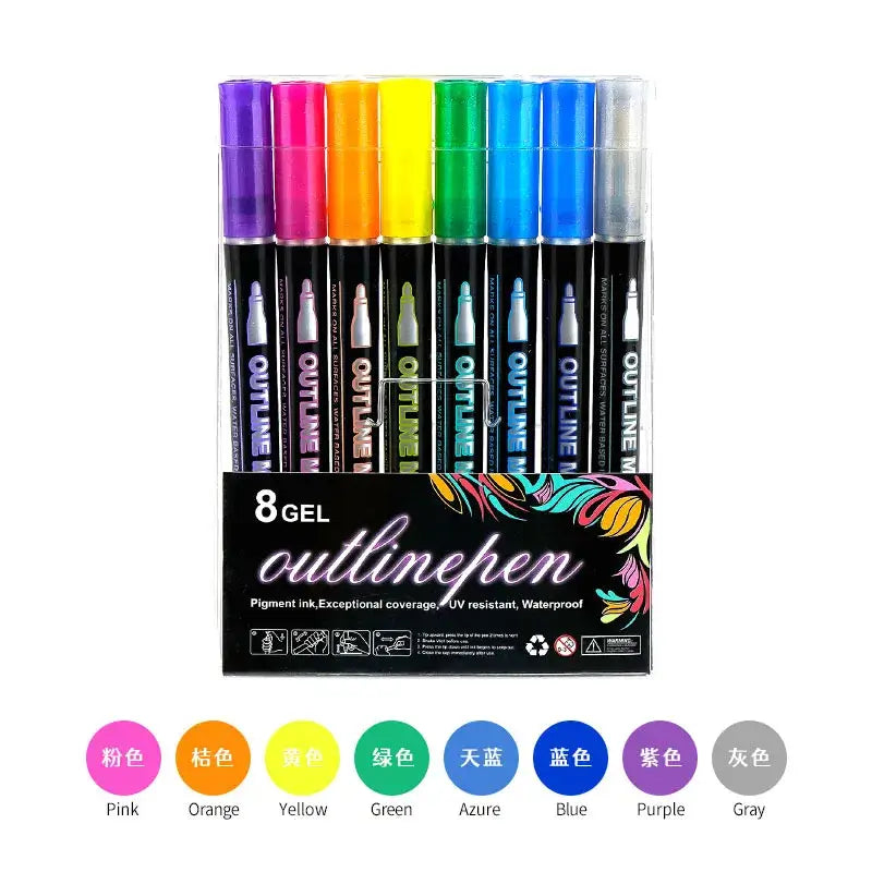Double Line Outline Pen 24 Color Suit Dream Color Mark Fluorescent Marker set featuring 8 vibrant outline pens.
