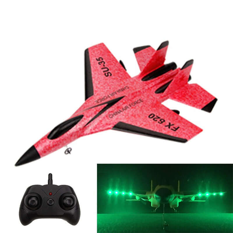 FX820 Electric Remote Control Mini Fighter Plane Model in red with remote control and lights