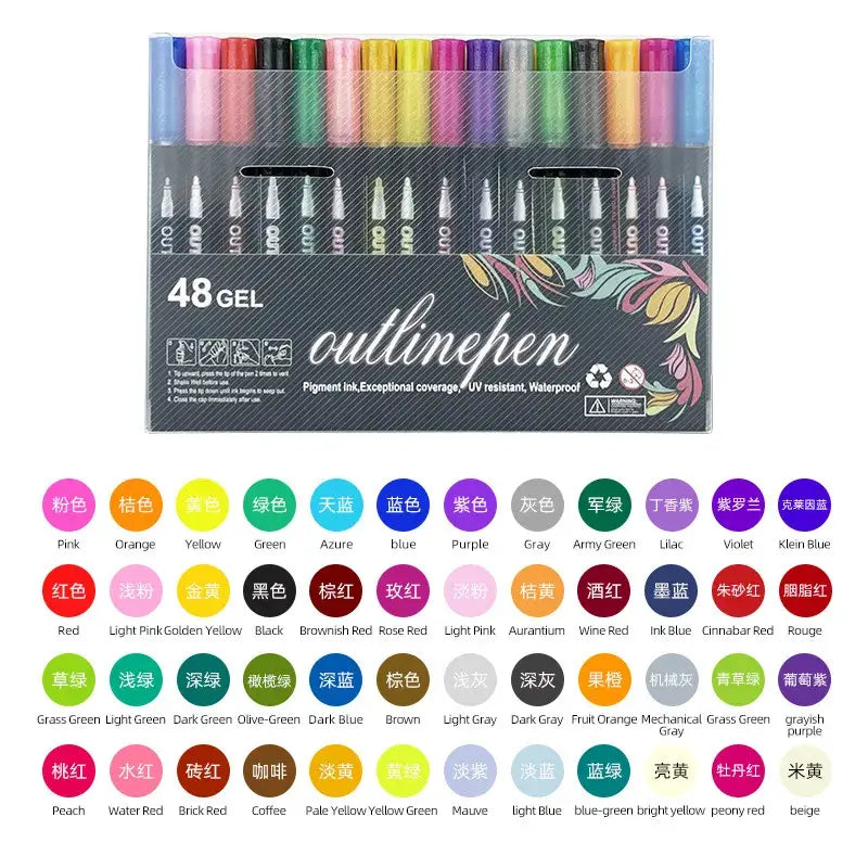 Double Line Outline Pen 24 Color Suit Dream Color Mark Fluorescent Marker set showcasing 48 vibrant gel pens.