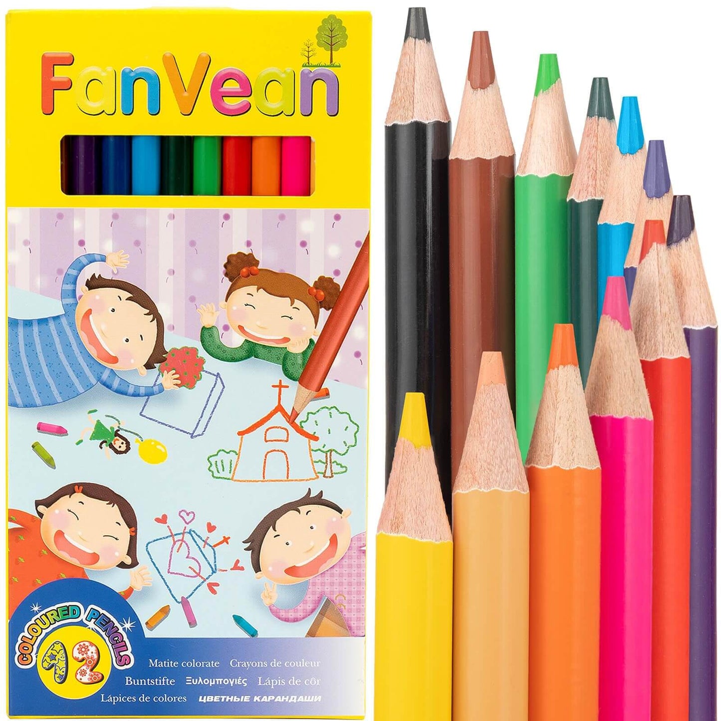 FanVean pre-sharpened colored pencils for kids, 12 vibrant colors in a classroom set, perfect for art projects.