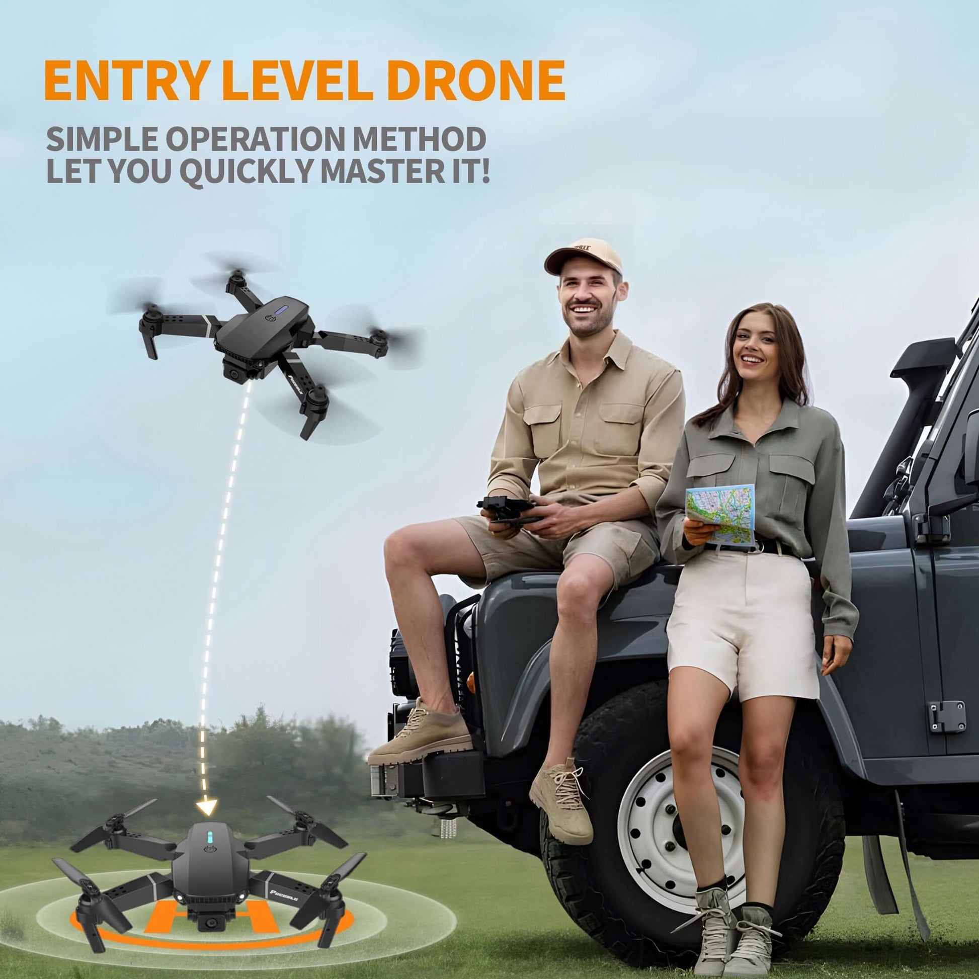 E88 dual camera drone flying over two people enjoying outdoor adventures with a jeep.