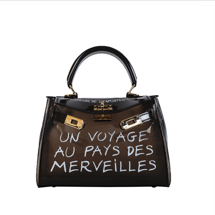 Shoulder Bag, Kelly Bag, Jelly Bag, Transparent Crossbody in stylish black with whimsical text design.