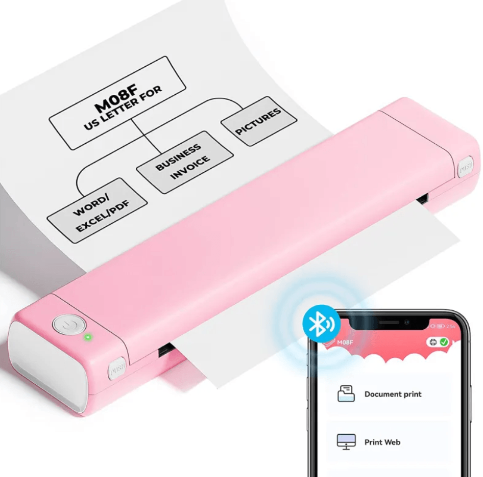 Portable A4 Thermal Printer printing documents with a smartphone connection, perfect for homework and office tasks.