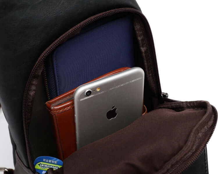 Men's Chest Bag, Shoulder Bag, Crossbody Bag showing smartphone, wallet, and cardholder in the interior pocket.