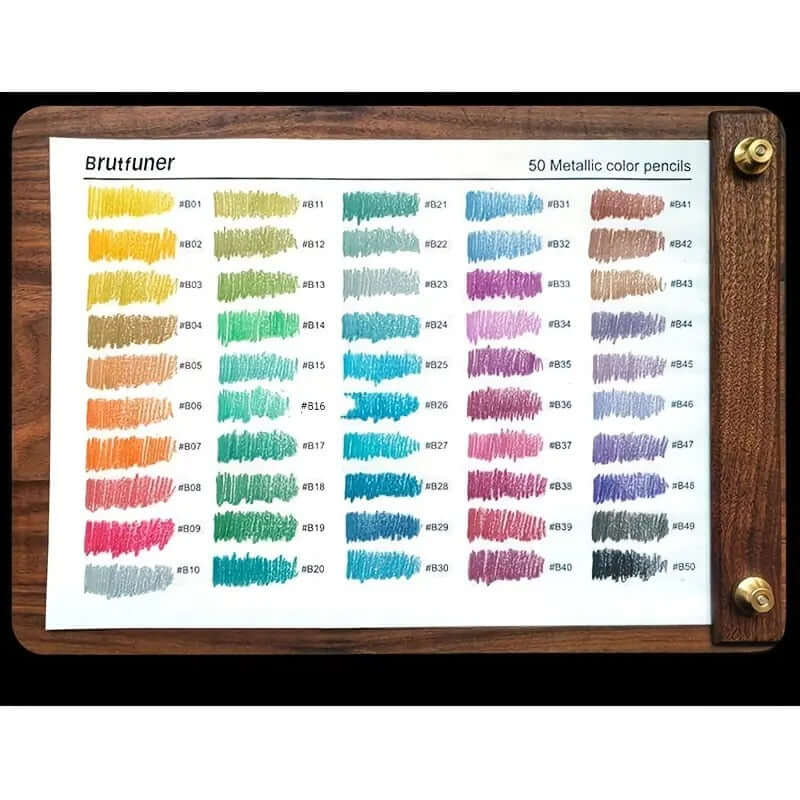 Brutfuner 50-Color Pearlescent Colored Pencils Set color swatches on display showing vibrant metallic hues.