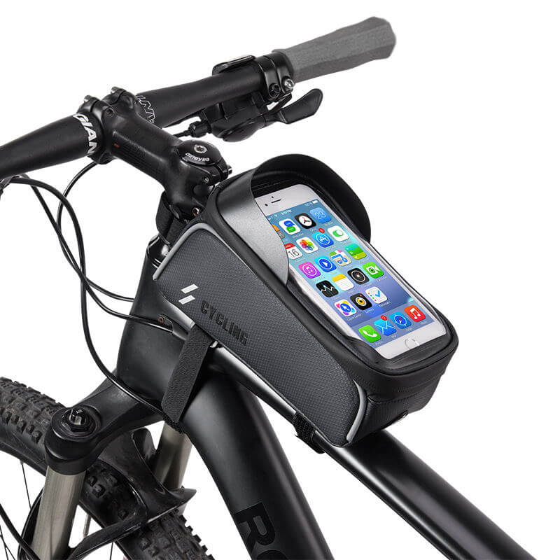 Saddle Bag, Handlebar Bag, Top Tube Bag, Bicycle Bag with phone holder on mountain bike handlebar.