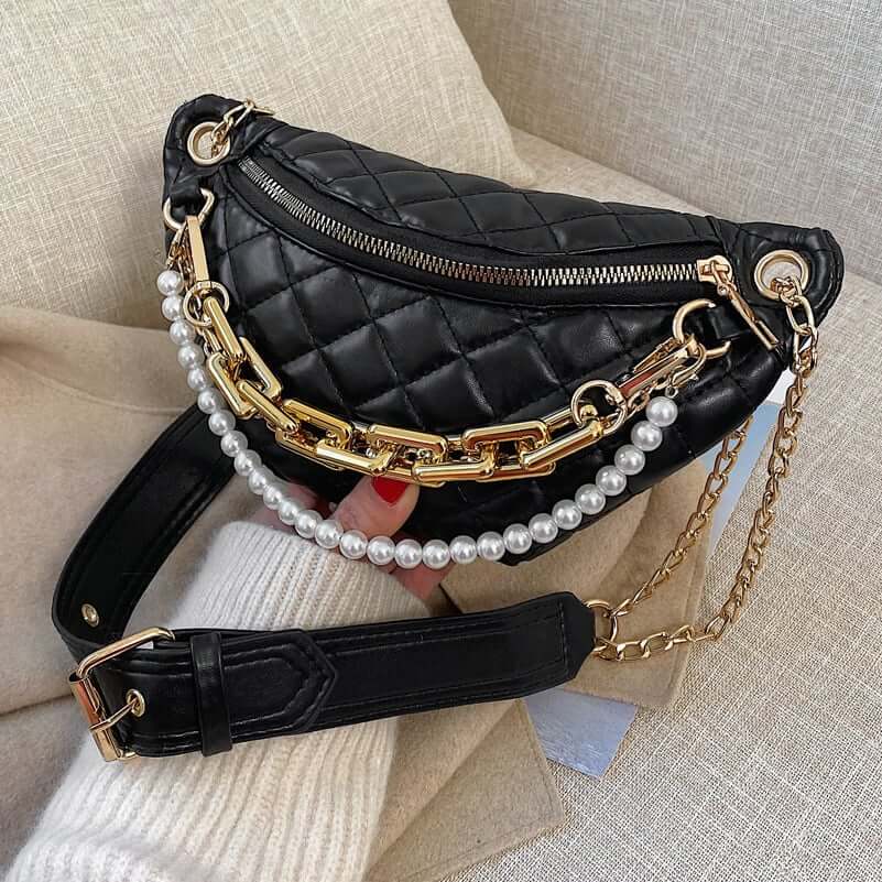 Women's Diamond Chain Crossbody Bag with quilted texture and pearl accents, ideal for stylish on-the-go fashion.