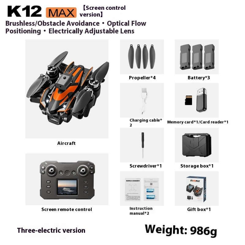 K12MAX Brushless UAV with Screen Remote features, including propellers, batteries, and screen remote control.