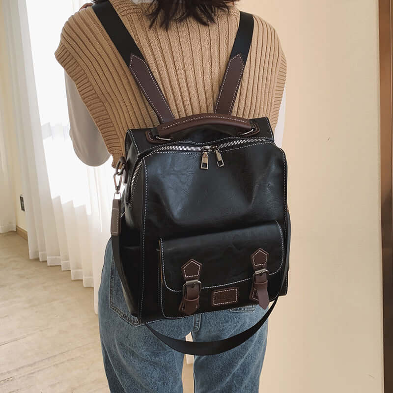 Fashionable Large-Capacity Travel Backpack worn by a model, showcasing its stylish design and practical features.