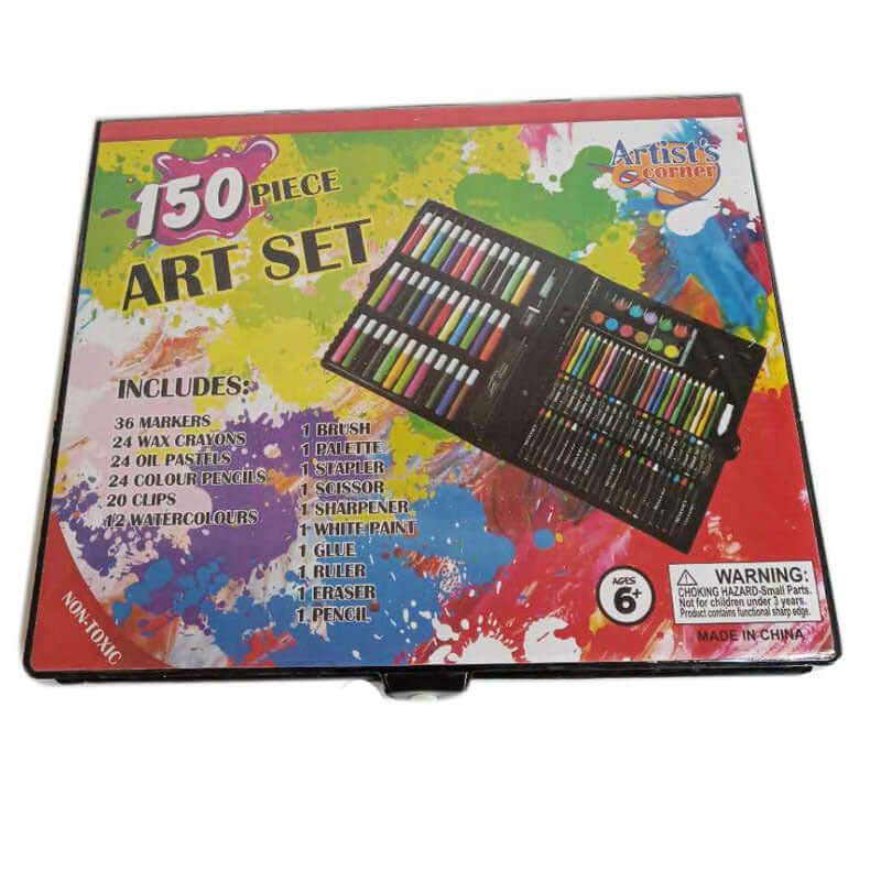 150-Piece Art Set with Colorful Crayons and Markers includes various drawing tools and art supplies for kids.