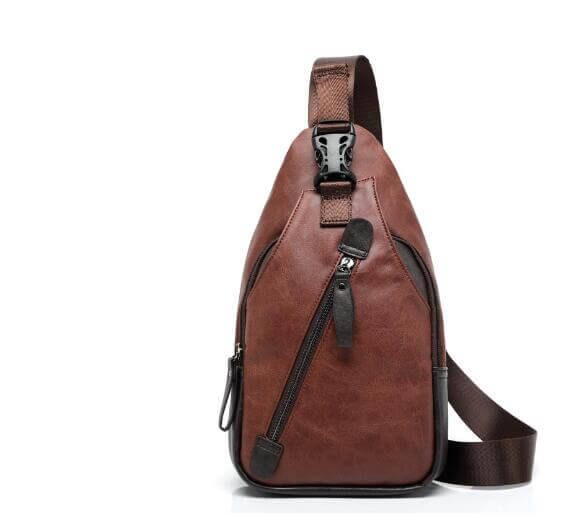 Chest Bag, Crossbody Bag, Small Shoulder Bag in brown PU leather with adjustable strap and zipper closure.