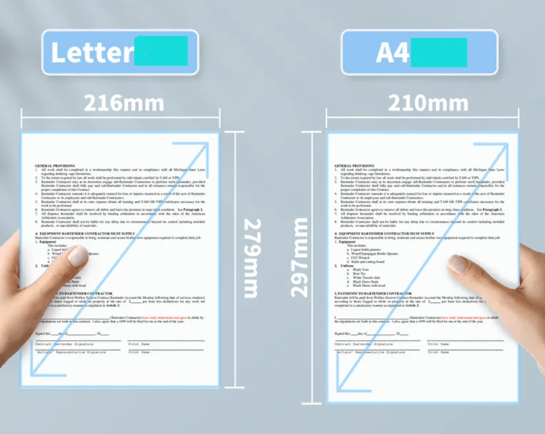 Comparison of Letter and A4 paper sizes highlighting dimensions for optimal printing.