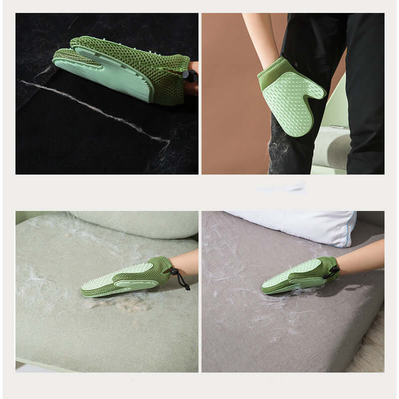 Silicone massage gloves for pet grooming shown in action during hair removal on various surfaces.