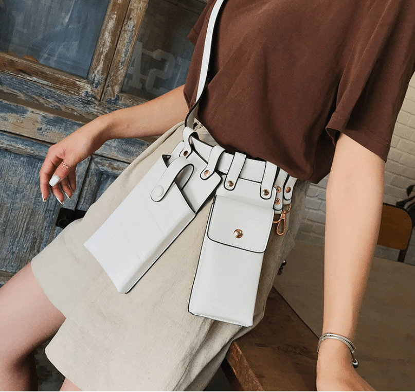 Stylish trendy crossbody bag for girls, worn as a waist and shoulder bag in white color.