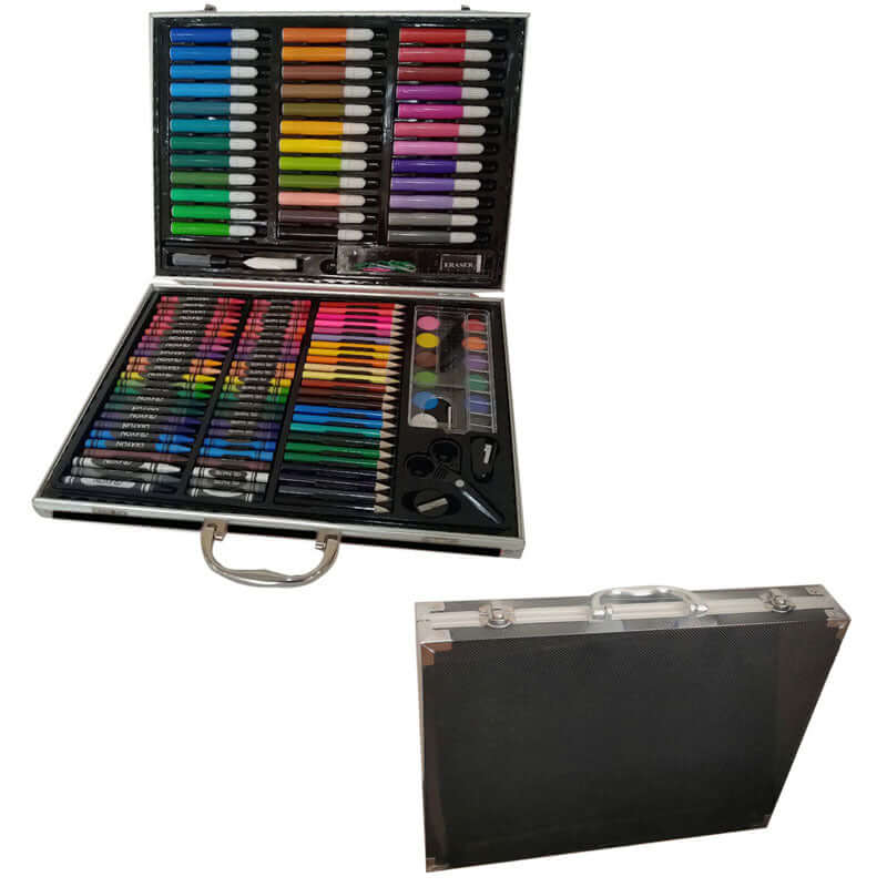 150-Piece Art Set with Colorful Crayons and Markers showcasing open case with vibrant drawing tools.
