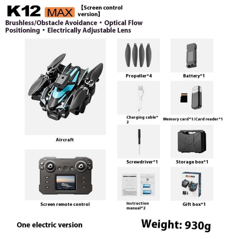 K12MAX Brushless UAV with Screen Remote featuring aircraft, screen remote control, and accessories.