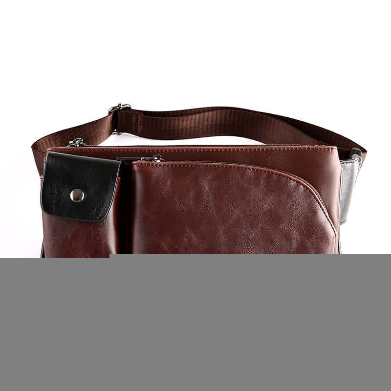 Shoulder Bag, Chest Bag, Crossbody Bag in brown leather design with multiple pockets and adjustable strap