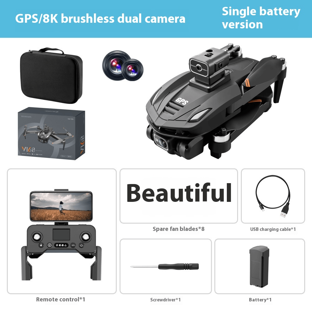 Intelligent 8K GPS drone with obstacle avoidance and accessories including remote control and camera.
