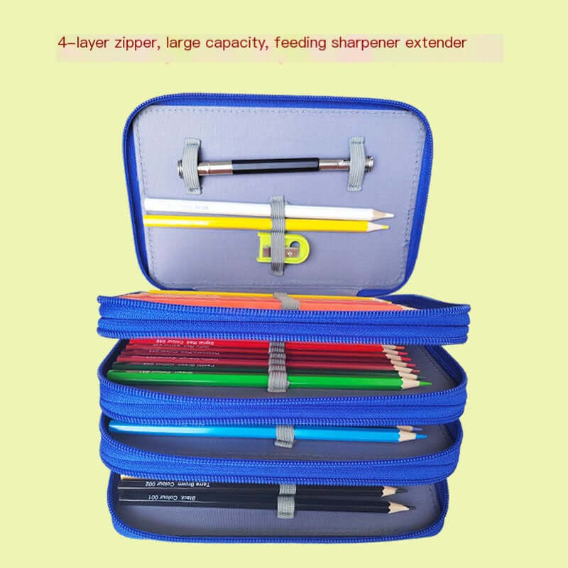 72 Colors Premium Oil-Based Colored Pencil Set in a multi-layered storage case with pencil sharpener and various colors visible.
