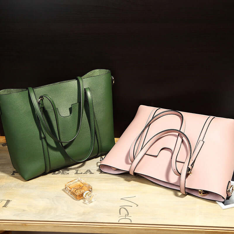 Shoulder Bag, Bucket Bag, Crossbody Bag - Stylish green and pink bags on a table with perfume bottle.