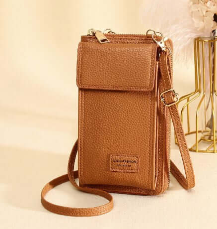 Stylish crossbody shoulder bag in brown with zipper closure, perfect for organizing essentials and daily use.