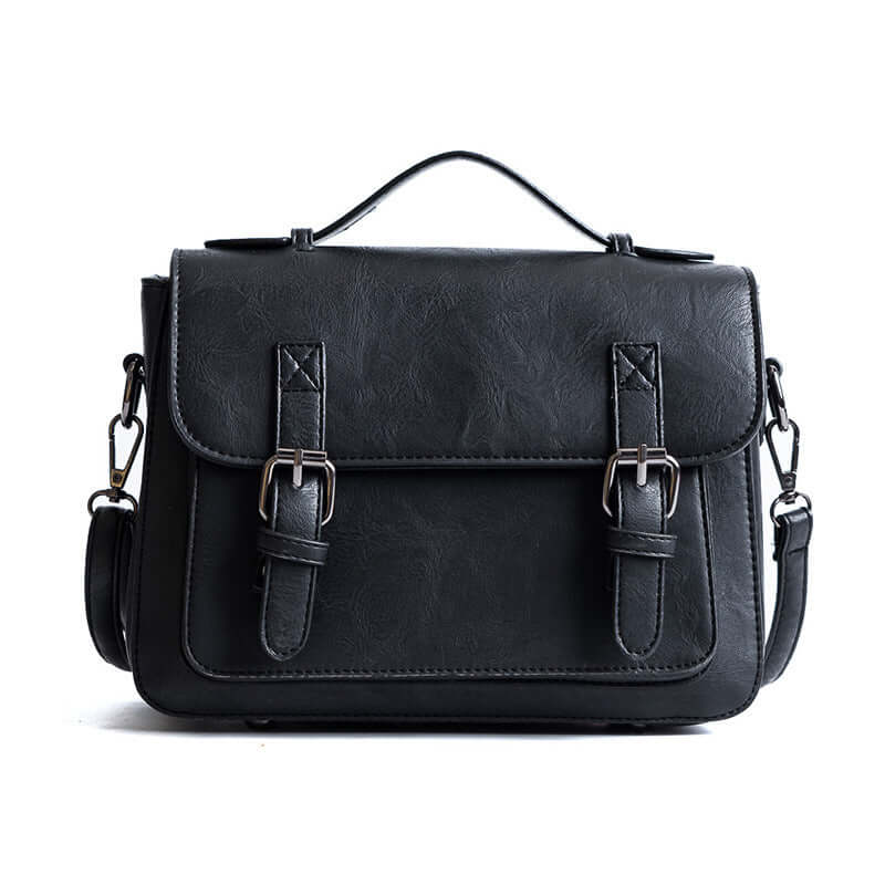 Stylish commuter messenger bag in elegant black, featuring dual buckles and a convenient top handle.