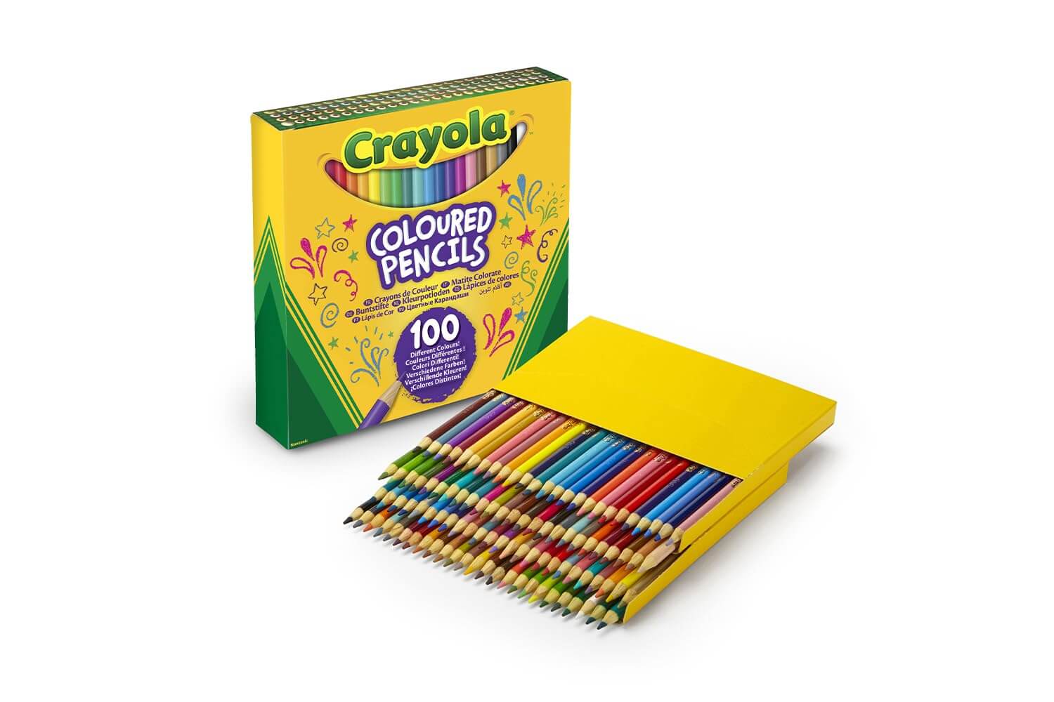 Crayola Colored Pencils 100 count box with colorful pencils arranged neatly.