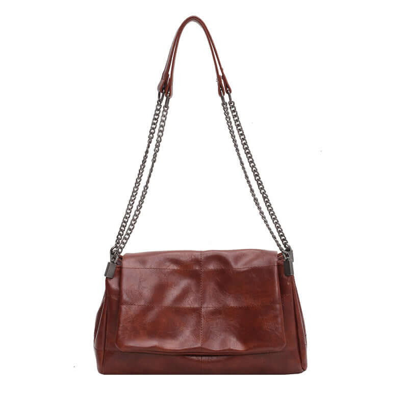 trendy PU leather small square bag in coffee color with stylish chain strap.