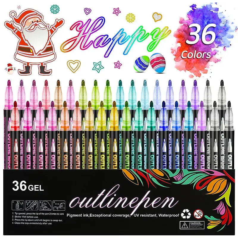 Double Line Outline Pen 24 Color Suit Dream Color Mark Fluorescent Marker set with 36 colorful gel pens for creative projects.